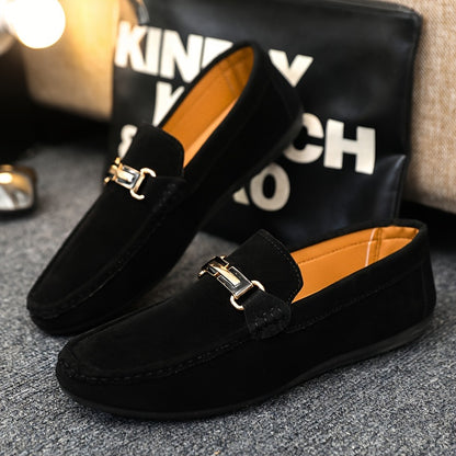 Men'S Slip-On Loafers - Black Faux Casual Shoes with Golden-Tone Buckle Straps, Round Toe & Non-Slip Rubber Sole for All-Season Comfort, Party & Casual Attire, Party Footwear, Sleek Shoe Design, Durable Footwear