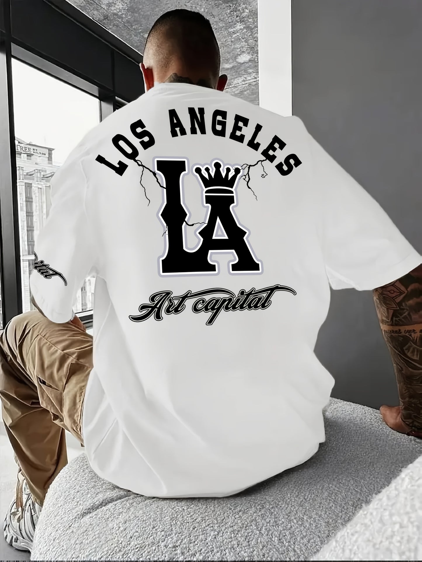 Men's Casual LA Graphic T-Shirt - Breathable Stretch Fabric, Oversized Fit with Crown & Script Lettering, Beige Summer Tee for Outdoor Activities & Casual Attire, Machine Washable, Leisure Clothing, Citythemed Apparel