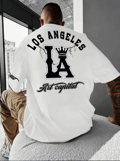 Men's Casual LA Graphic T-Shirt - Breathable Stretch Fabric, Oversized Fit with Crown & Script Lettering, Beige Summer Tee for Outdoor Activities & Casual Attire, Machine Washable, Leisure Clothing, Citythemed Apparel