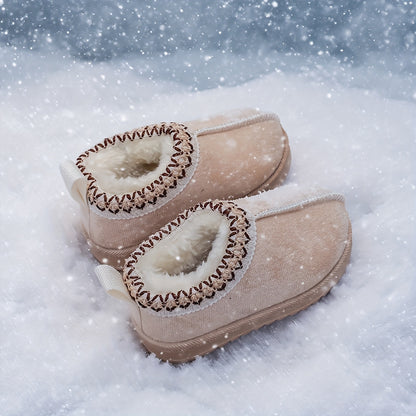 Girls' Winter Snow Boots with Plush Faux Fur Collar & Non-Slip Rubber Sole - Soft Fabric Upper, Mid-Calf Height, Round Toe Design for Outdoor Hiking, Casual Wear - Cozy Warm Slip-On Boots for Youngsters & Youngsters (Autumn/W