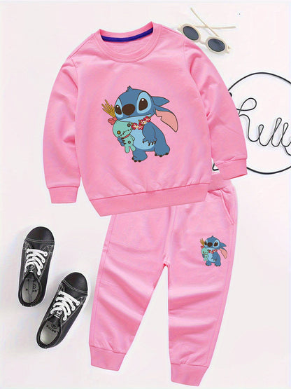 2pcs Disney Kids Casual Sweatshirt & Pants Set Stitch's Adorable Floral Adventure: A Heartwarming Cartoon Tale Long-Sleeve Crewneck, Children's clothing suitable for autumn and winter seasons, featuring cute cartoon patterns.