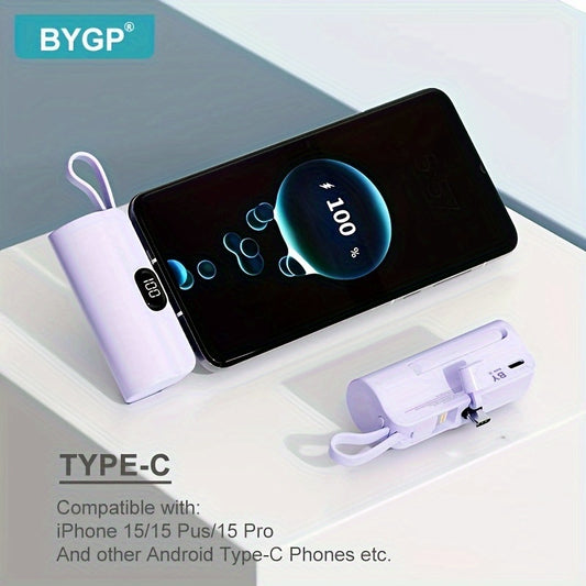 BYGP 5000mAh Mini Portable Charger, USB Type-C, Universal Emergency Power Bank for iPhone 14/13/12 Pro Max, iPad Pro, Samsung Android, Compact Travel Phone Charging Backup Battery Pack, Rechargeable ≤36V