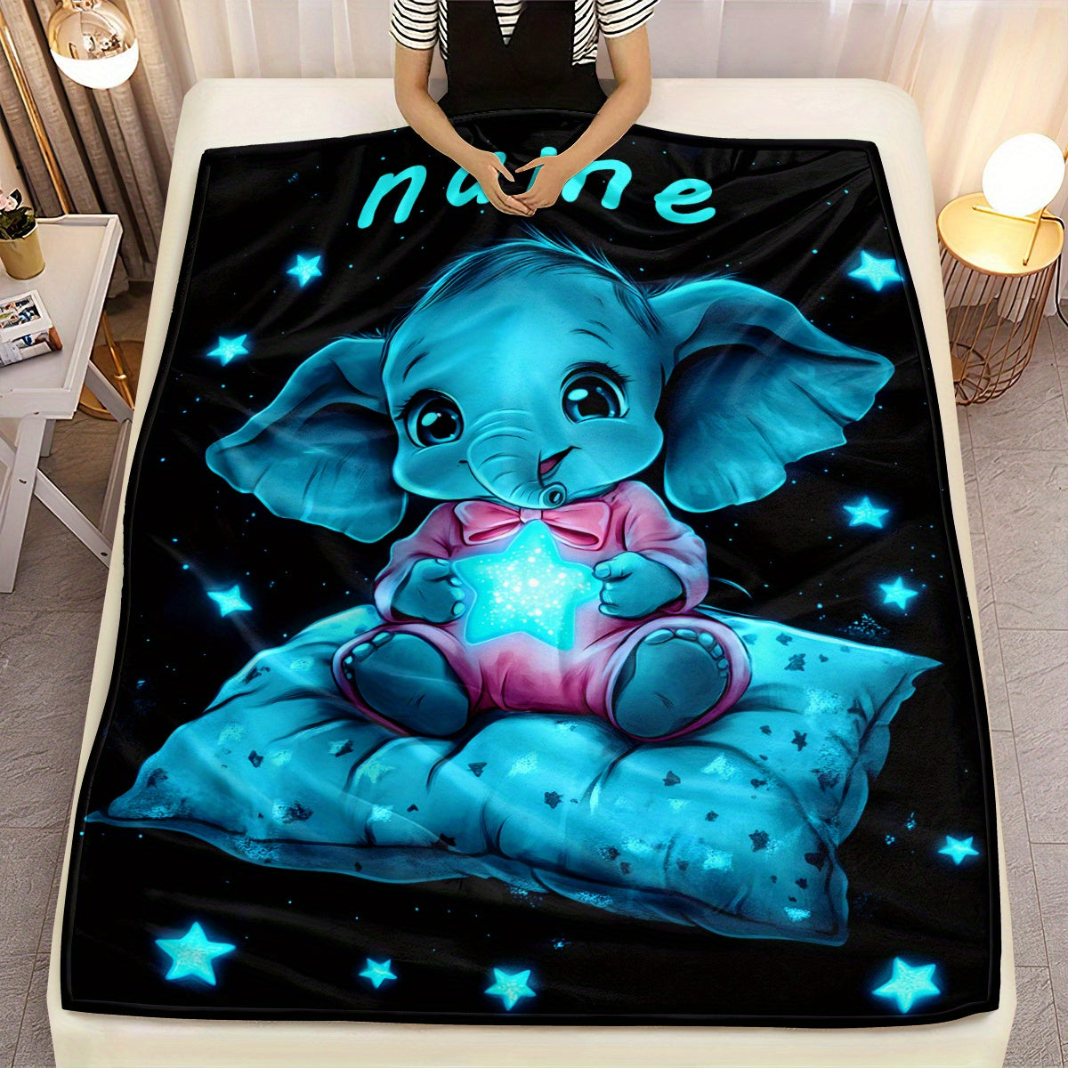 [Whimsical Charm] Personalized Name Starry Night Elephant Blanket – Soft Flannel, Lightweight & Warm – Cute Youngsters Elephant Design with Glowing Stars – Perfect for Sofa, Bed, Travel, Camping, and Gifting – 80.01x1