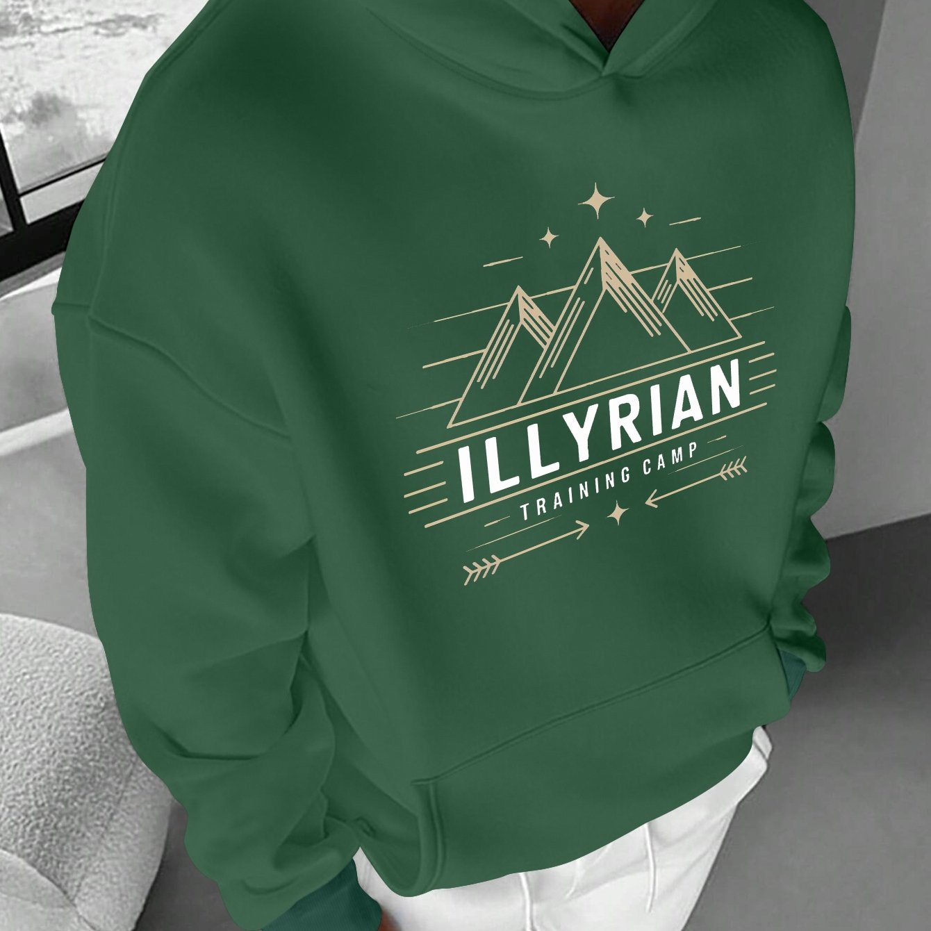 Men's ILLYRIAN TRAINING CAMP Hoodie - Cozy Fleece Sweatshirt with Mountain & Stars Print, Green Casual Pullover for Fall/Winter, Loose Fit, Machine Washable