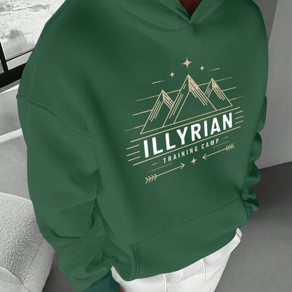 Men's ILLYRIAN TRAINING CAMP Hoodie - Cozy Fleece Sweatshirt with Mountain & Stars Print, Green Casual Pullover for Fall/Winter, Loose Fit, Machine Washable