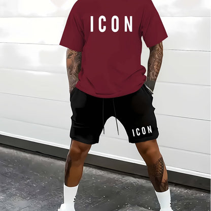 Men'S Casual Sporty Outdoor Two-Piece Set - Summer T-Shirt & Shorts with Bold "ICON" Print, Geometric Pattern, Regular Fit, Crew Neck, Light Blue & Black, Comfortable for Casual Attire, Leisure Clothing | Bold Print Shirt | C