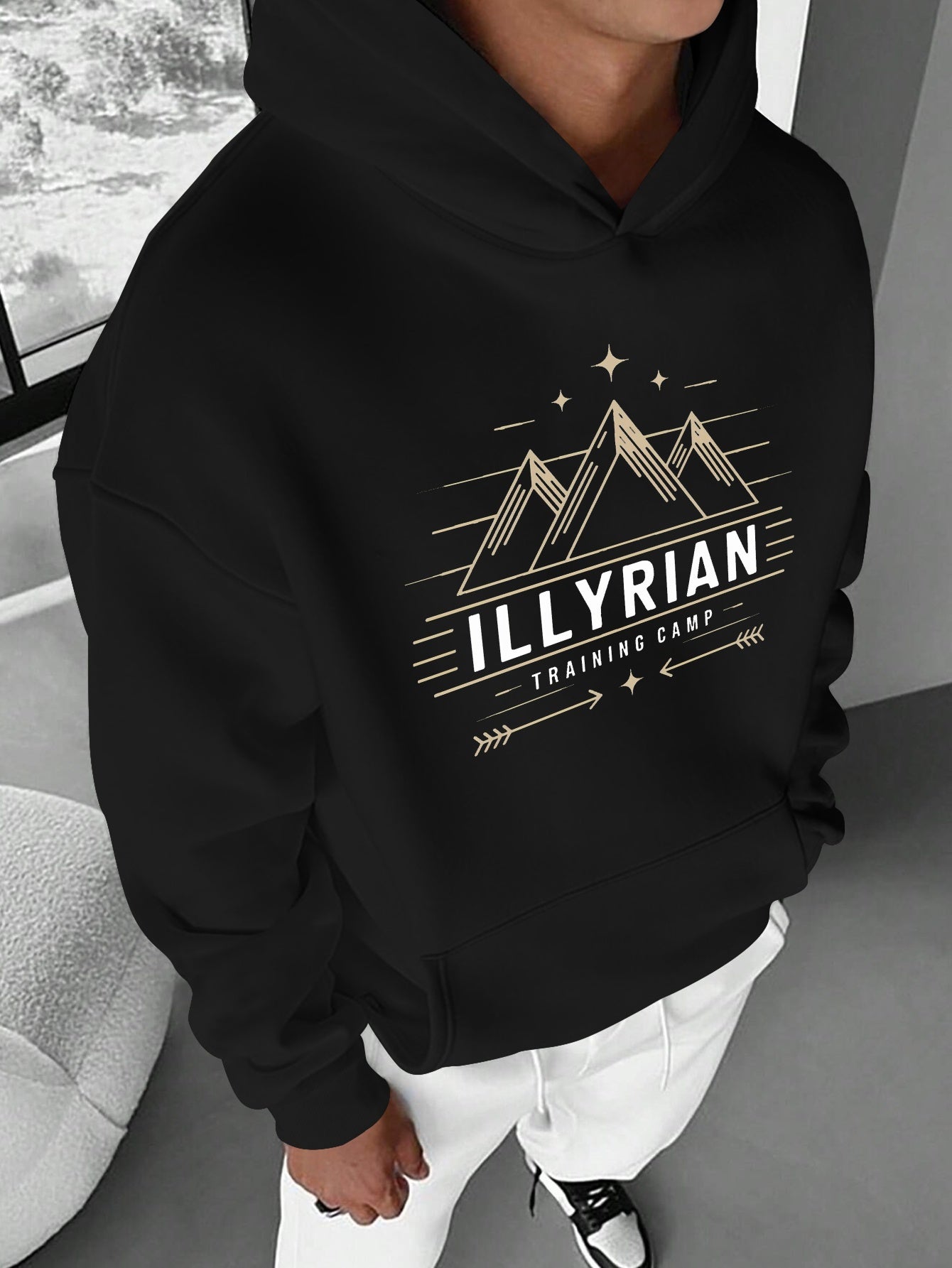 Men's ILLYRIAN TRAINING CAMP Hoodie - Cozy Fleece Sweatshirt with Mountain & Stars Print, Green Casual Pullover for Fall/Winter, Loose Fit, Machine Washable