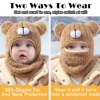 1pc Kids Bear Plush Winter Hat - Thickened Warm Fleece-Lined Bear Ear Flaps, Stretchy Unisex Winter Cap for Boys & Girls, 1-3 Years, Khaki, Perfect for Outdoor Activities, Thanksgiving & Daily Wear, Winter Hat for Kids, Playf