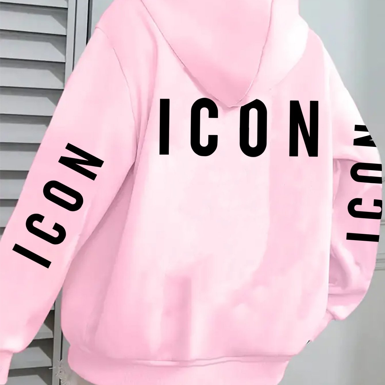 1pc Women'S Pink Hoodie with "ICON" Letter Print - Cozy Long-Sleeve Zip-Up Sweatshirt, Machine Washable, Casual Fall/Winter Pullover with Pockets, Casual Winter Wear | Trendy Casual Hoodie | Machine Washable Fabric