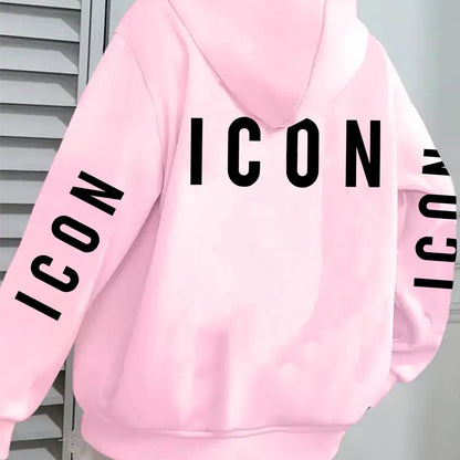 1pc Women'S Pink Hoodie with "ICON" Letter Print - Cozy Long-Sleeve Zip-Up Sweatshirt, Machine Washable, Casual Fall/Winter Pullover with Pockets, Casual Winter Wear | Trendy Casual Hoodie | Machine Washable Fabric