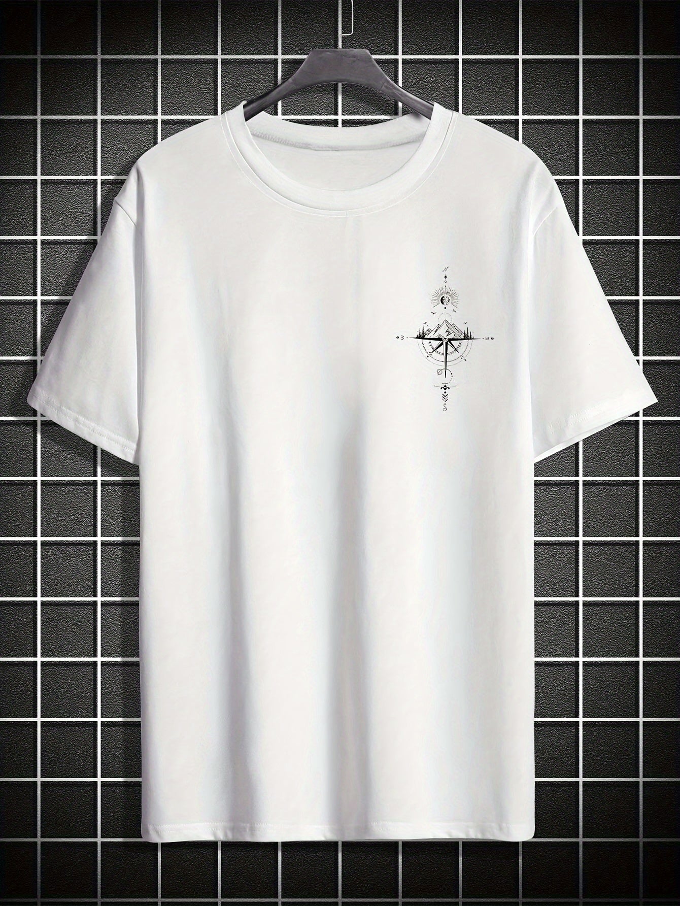 Men's Casual Compass Print T-Shirt - Breathable Polyester, Crew Neck, Short Sleeve - Perfect for Summer
