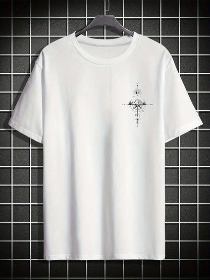 Men's Casual Compass Print T-Shirt - Breathable Polyester, Crew Neck, Short Sleeve - Perfect for Summer