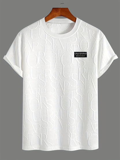 Men's Summer Casual Short Sleeve T-Shirt - Relaxed Fit Round Neck with Vertical Letter Print & Elastic Cuffs, Breathable Fabric for Daily Wear, Commuting & Outdoor Activities, Shirts for Summer