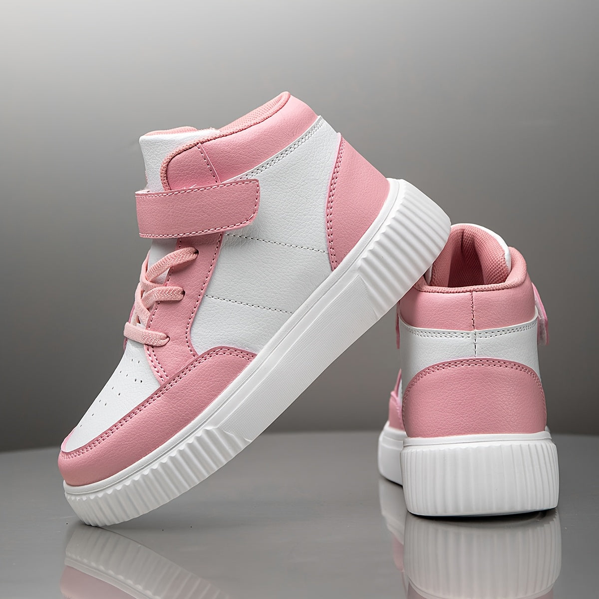 Girls' & Boys' White & Pink Checkerboard Mid-Top Sneakers - Lightweight PU Upper with EVA Sole, All-Season Comfort for School, Outdoor & Casual Wear - Easy Slip-On Design for Ages 14 & Under