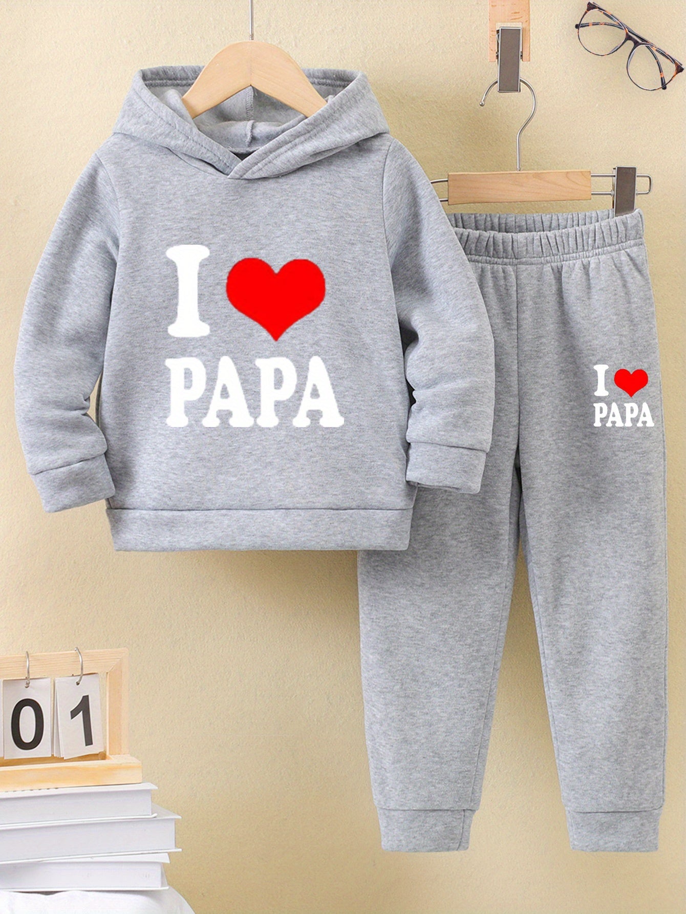 2pcs Back-to-School Season Fashionable Autumn/Winter Casual Sporty Style Girls' "I Love Dad" Cartoon Print Long Sleeve Fleece-Lined Hoodie + Sweatpants Set, Perfect for Outdoor