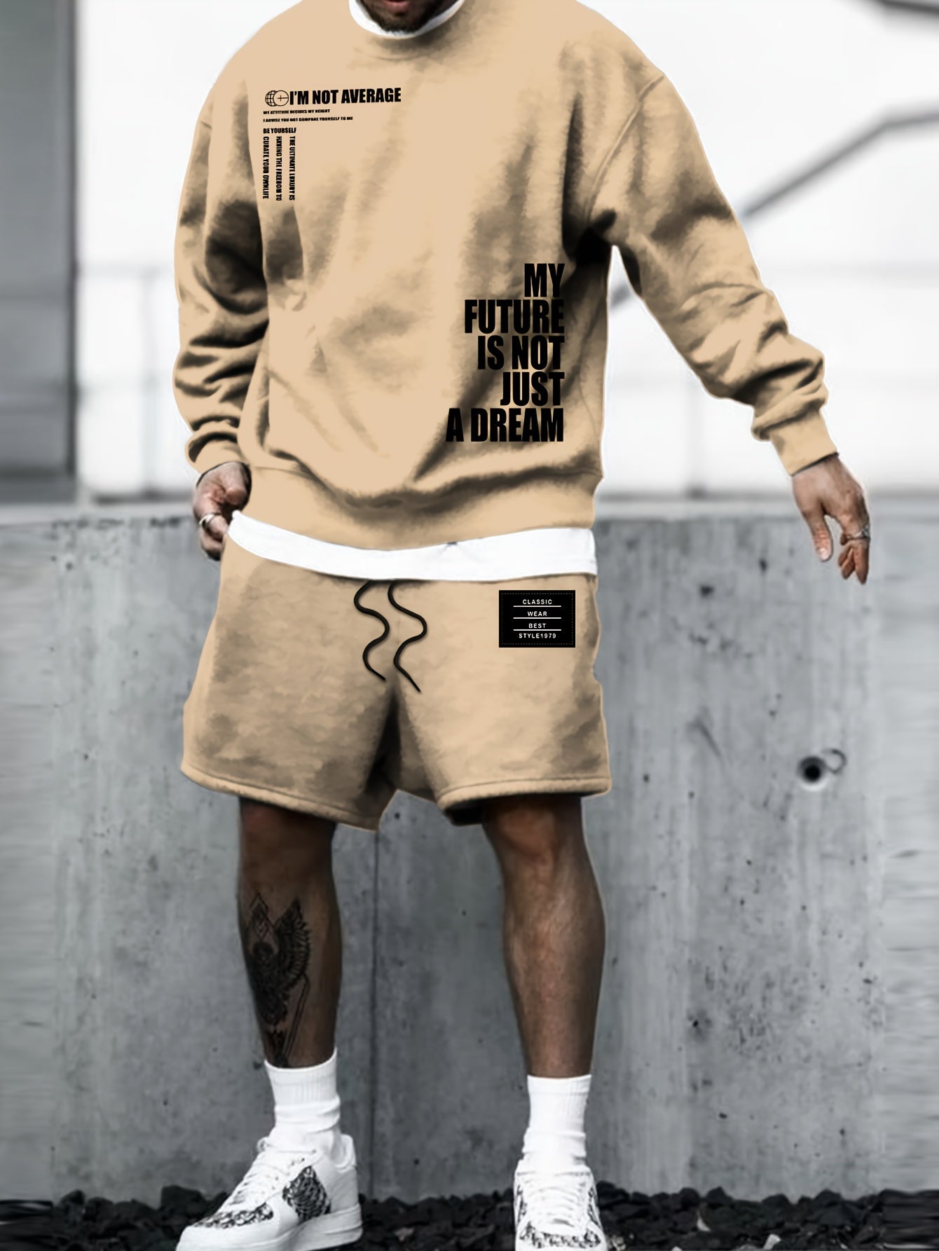 My Future Is Not Just A Dream Print Men's 2Pcs Outfits Casual Crew Neck Long Sleeve Sweatshirt & Short Set For Winter Fall Men's Clothing