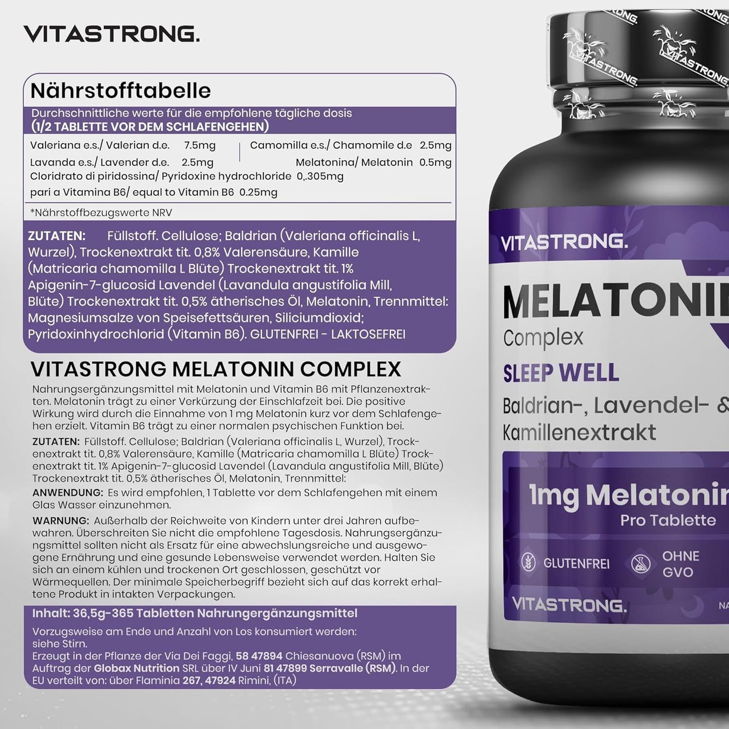 Vitastrong Melatonin Complex 365 Micro-Tablets, Melatonin 1Mg with Chamomile, Valerian, Lavender And Vitamin B6, Melatonin for Sleeping, Sleep, Jet Lag, Pure Melatonin with Long-Term Release Without Sugar