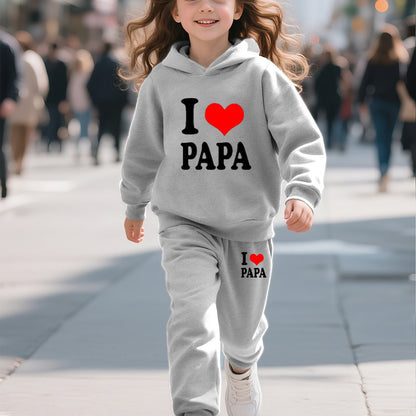Fashionable Autumn And Winter Casual Sports Style for And "I Love Dad" Cartoon Popular Print Pattern Long-Sleeved Plus Velvet Warm Hooded Sweatshirt + Sweatpants Two-Piece Set, for Outdoor