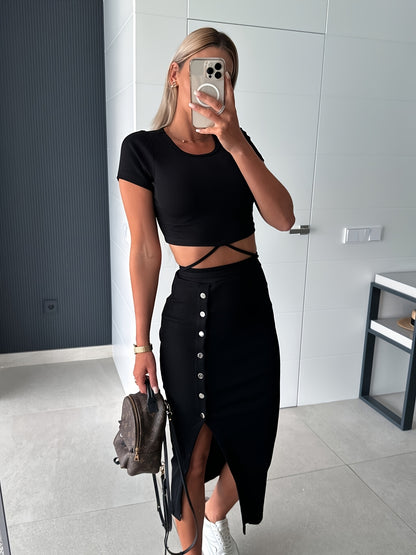 Women'S Casual Two-Piece Set - Black Crop Top with Button Detail & High-Waisted Skirt, Short Sleeve, Round Neck, Button-Up Front, Mid-Length, Lightweight Polyester Blend for Spring/Summer, Casual Attire|Modern Casualwear|Poly