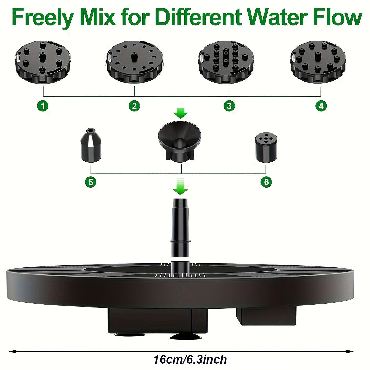 High-quality solar fountain pump with 6 replaceable nozzles - suitable for bird baths, gardens, ponds, fish tanks, aquariums, and outdoor landscape decoration, floating design for easy maintenance, garden gift!