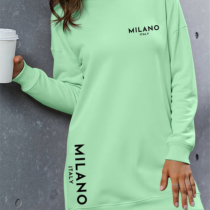 Milano Women'S Casual Hooded Sweatshirt Dress - Long Sleeve, Loose Fit, Thickened Letter Print Pullover with Round Neck, Perfect for Fall/Winter Fashion, Casual Wear Dress | Trendy Casual Style | Comfortable Wear