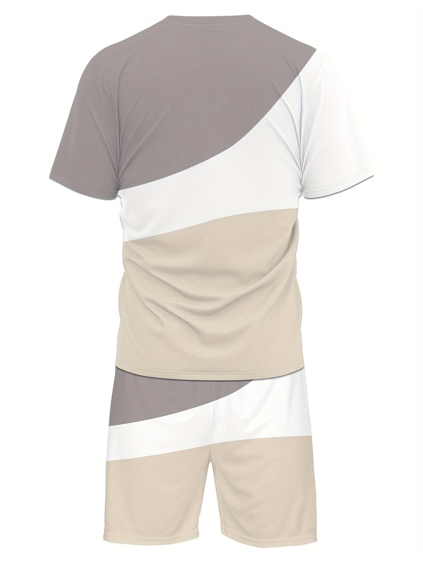 Men'S 3D Print Short Sleeve Set - Casual Athletic Beachwear with "Just & Vibes" Graphic, Beige & Gray, Drawstring Waist, Perfect for Outdoor Activities, Beach Outfit|Casual Style|Stretchy Fabric