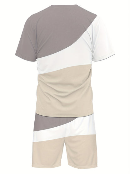 Men'S 3D Print Short Sleeve Set - Casual Athletic Beachwear with "Just & Vibes" Graphic, Beige & Gray, Drawstring Waist, Perfect for Outdoor Activities, Beach Outfit|Casual Style|Stretchy Fabric