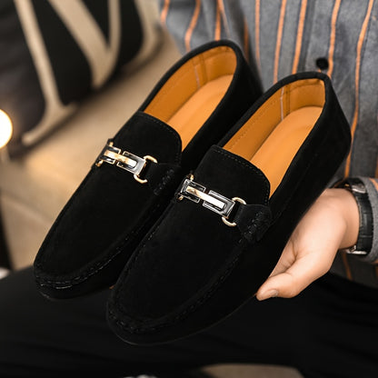 Men'S Slip-On Loafers - Black Faux Casual Shoes with Golden-Tone Buckle Straps, Round Toe & Non-Slip Rubber Sole for All-Season Comfort, Party & Casual Attire, Party Footwear, Sleek Shoe Design, Durable Footwear