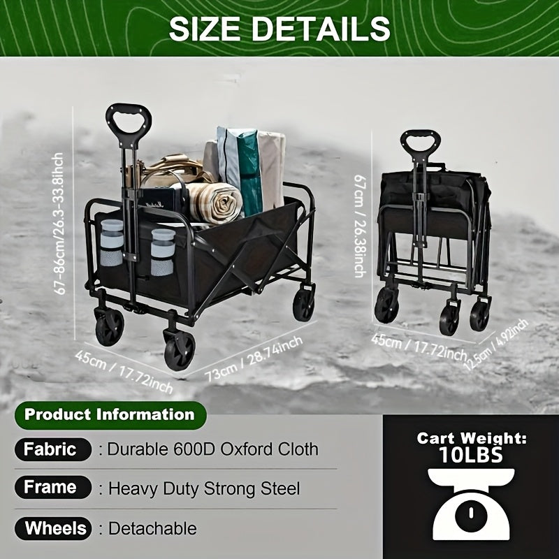 One piece Foldable camper with wheels, garden cart, multi-purpose heavy-duty four-wheeler for sports, gardening, camping and shopping, heavy duty, large capacity, black