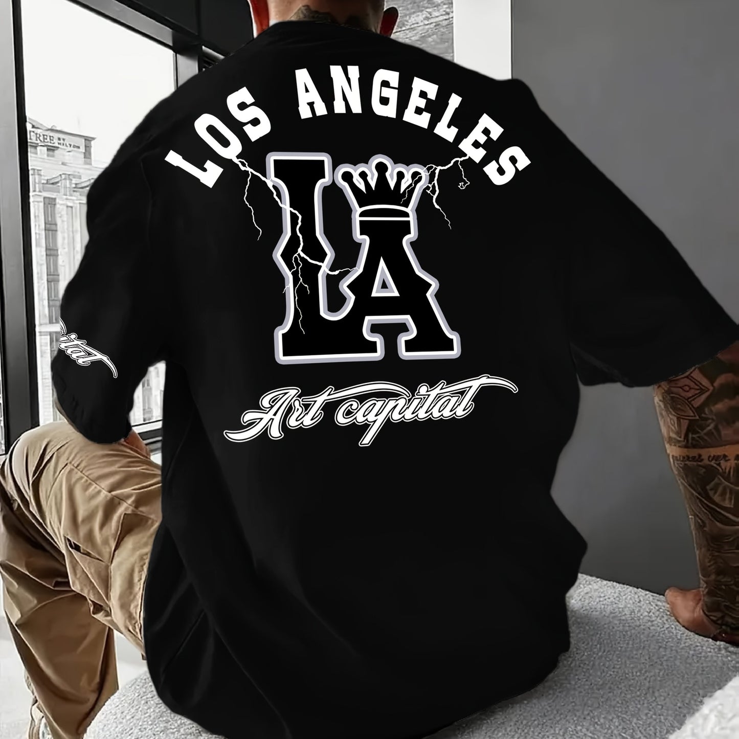 Men's Casual LA Graphic T-Shirt - Breathable Stretch Fabric, Oversized Fit with Crown & Script Lettering, Beige Summer Tee for Outdoor Activities & Casual Attire, Machine Washable, Leisure Clothing, Citythemed Apparel