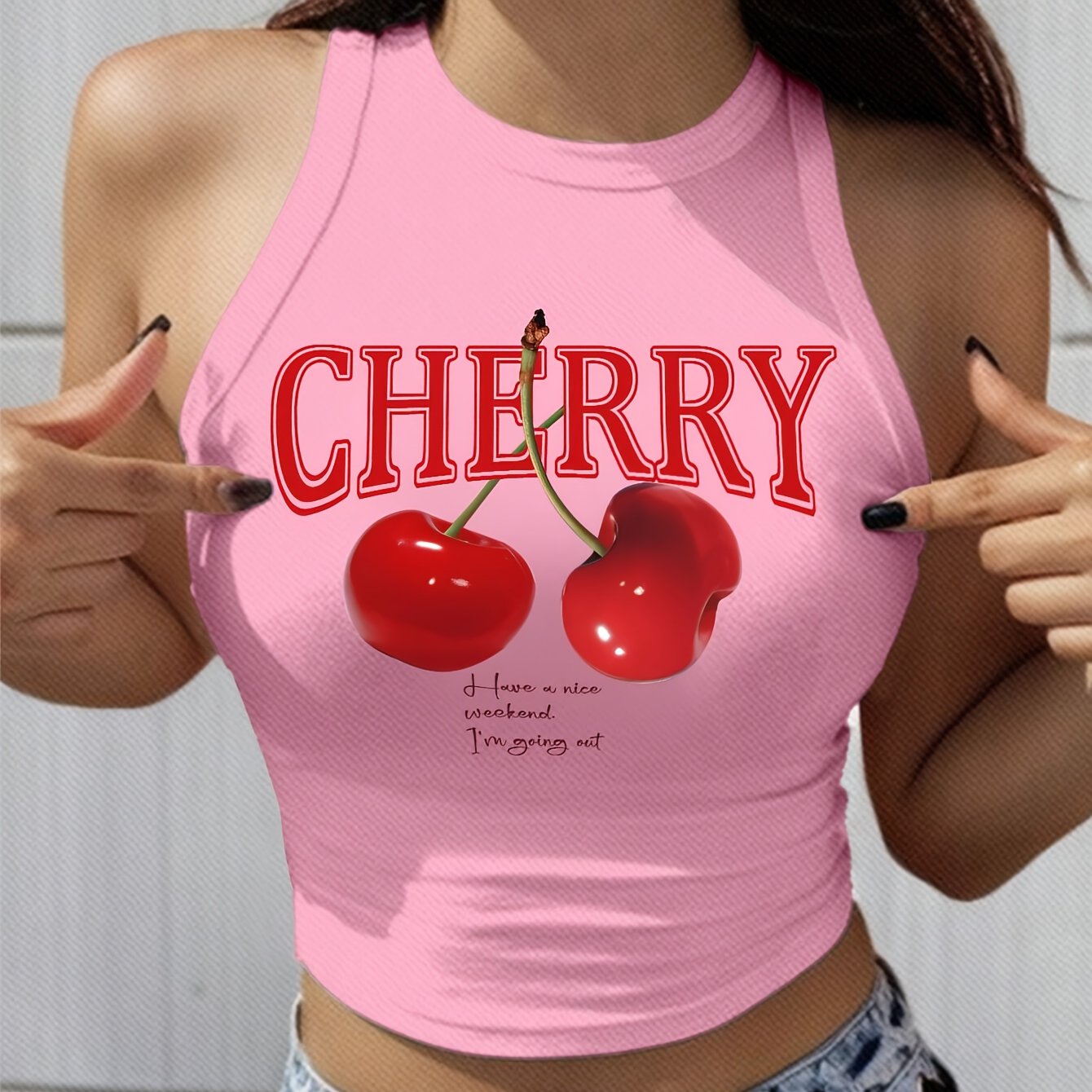 Women's Elegant Cropped Graphic Tank Top - Cherry Print Semi-Sheer Stretchy, Round Neck Sleeveless Shirt, Machine Washable All-Season Casual Top, Ladies Tank Tops, Playful Summer Wear