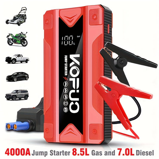 KOPUO 4000A Car Battery Jump Starter - Portable 12V Jump Box with USB/Power Bank, Dual Output, LED Light, and 8, 5L Gas/7, 0L Diesel Engine Compatibility for Cars, Trucks, SUVs, and Motorcycles, Car Jump Starter Battery Pack,
