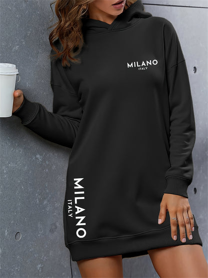 Milano Women'S Casual Hooded Sweatshirt Dress - Long Sleeve, Loose Fit, Thickened Letter Print Pullover with Round Neck, Perfect for Fall/Winter Fashion, Casual Wear Dress | Trendy Casual Style | Comfortable Wear