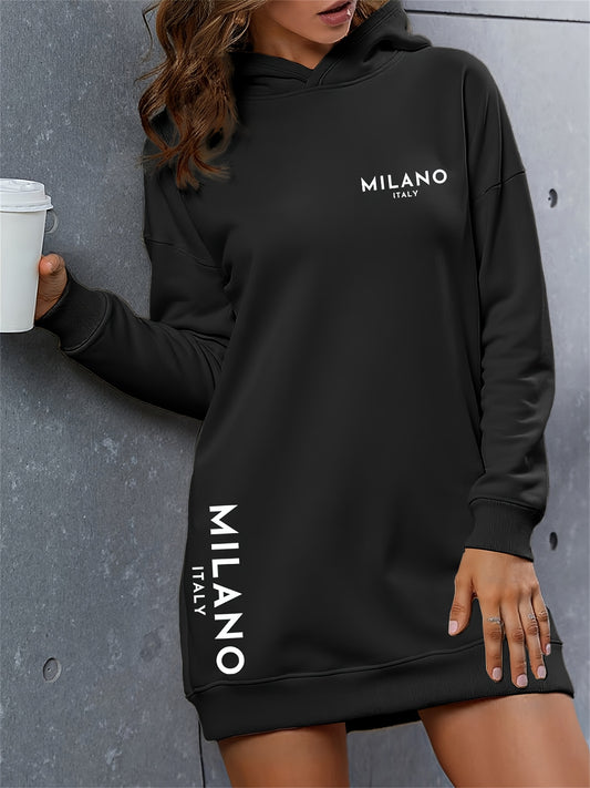 Milano Women'S Casual Hooded Sweatshirt Dress - Long Sleeve, Loose Fit, Thickened Letter Print Pullover with Round Neck, Perfect for Fall/Winter Fashion, Casual Wear Dress | Trendy Casual Style | Comfortable Wear