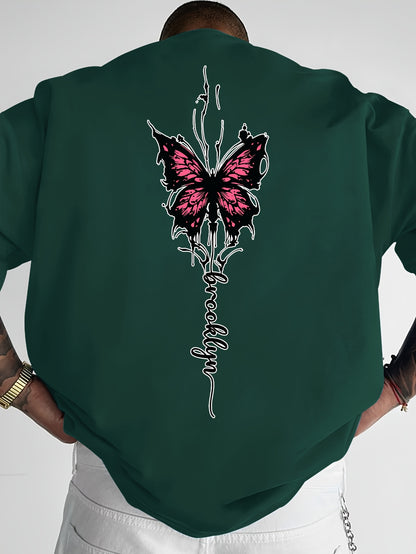 Men's Streetwear Graphic T-Shirt with Pink Butterfly & Brooklyn Letter Print - Loose Fit Casual Summer Tee, Breathable Round Neck Short Sleeve Shirt for Urban Fashion, Casual Attire, Streetstyle Tee, Relaxed Fit Top