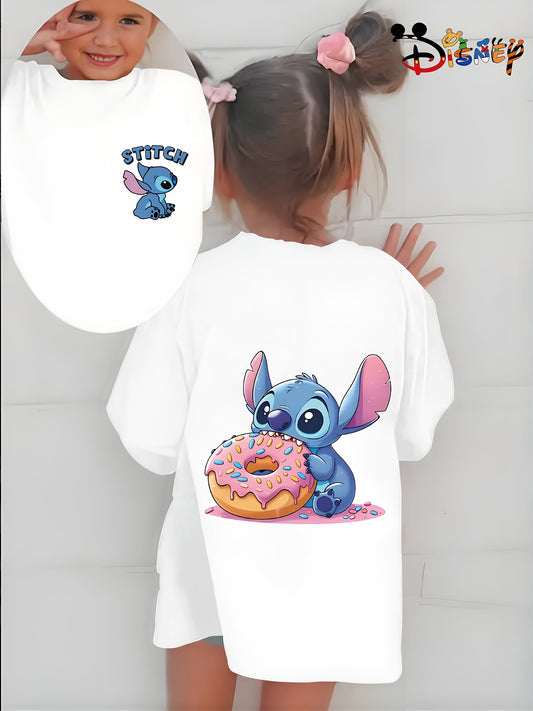 Cute Stitch Print Kids Short Sleeve Shirt 1-12Y Boys Girls Summer Outdoor Soft Fabric Breathable Top Perfect Birthday & Holiday Present