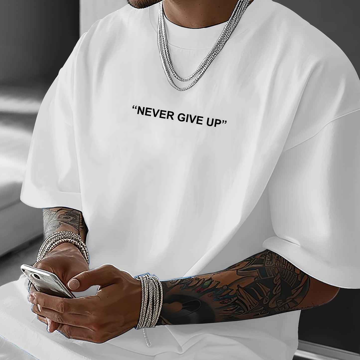 Men's "Never Give Up" Graphic Print Casual T-Shirt - Comfortable Crew Neck, Short Sleeve, Loose Fit for Spring & Summer, White Polyester Tee for Casual Attire, Casual Summer Wear | Loose Fit Top | Smooth Texture