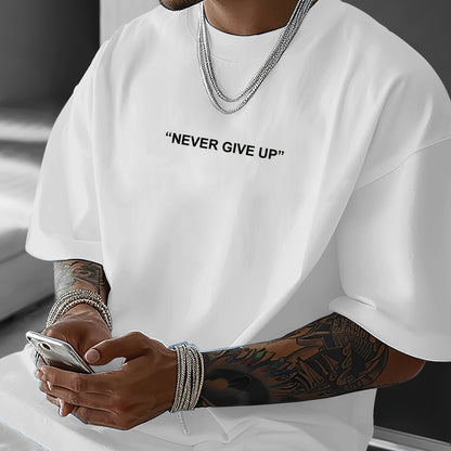 Men's "Never Give Up" Graphic Print Casual T-Shirt - Comfortable Crew Neck, Short Sleeve, Loose Fit for Spring & Summer, White Polyester Tee for Casual Attire, Casual Summer Wear | Loose Fit Top | Smooth Texture