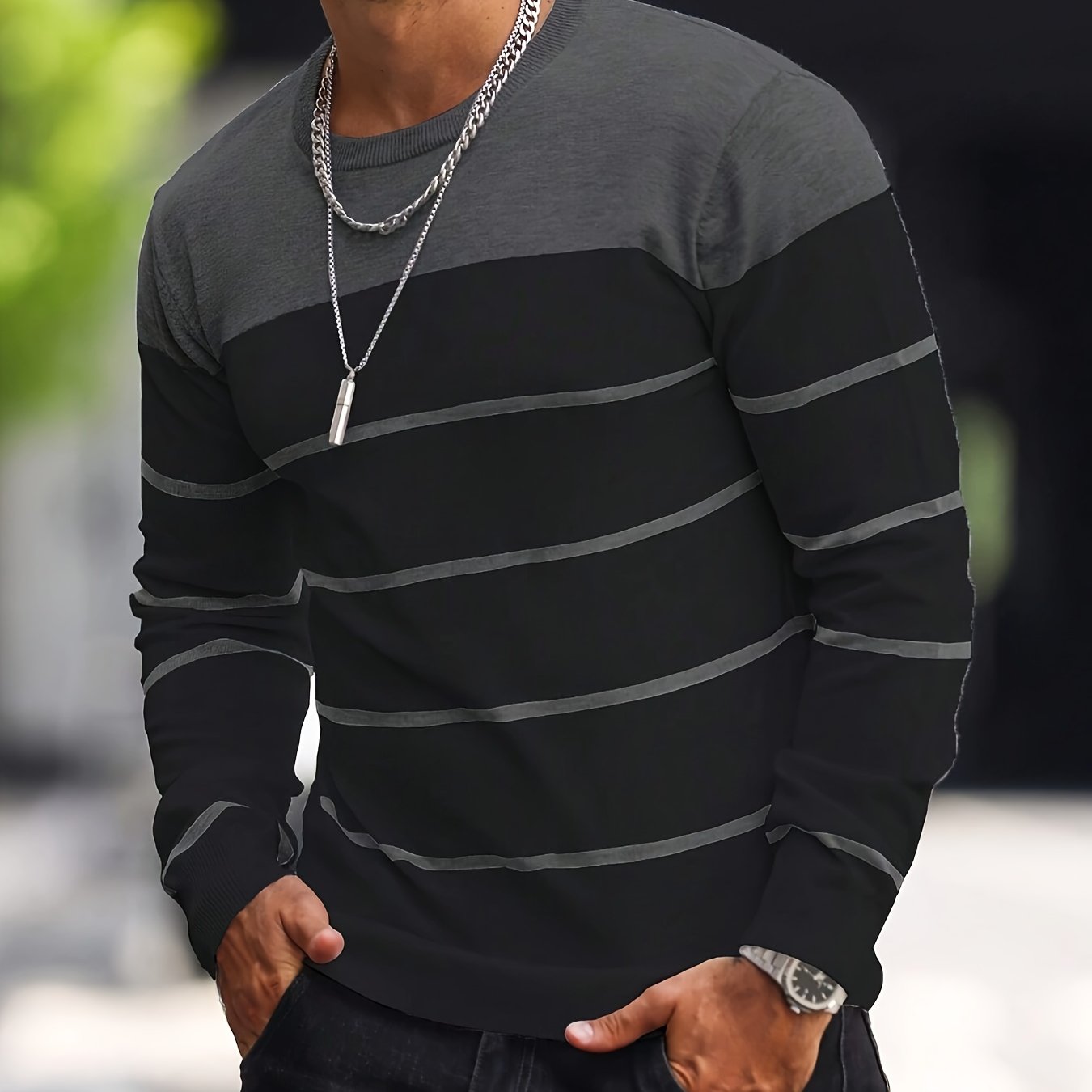 Men's Casual Striped Knit Pullover Sweater - Navy & White Contrast, Regular Fit H-Silhouette, Long Sleeve Crew Neck, Medium Stretch, Machine Washable for Spring & Fall, Mediumstretch Fabric