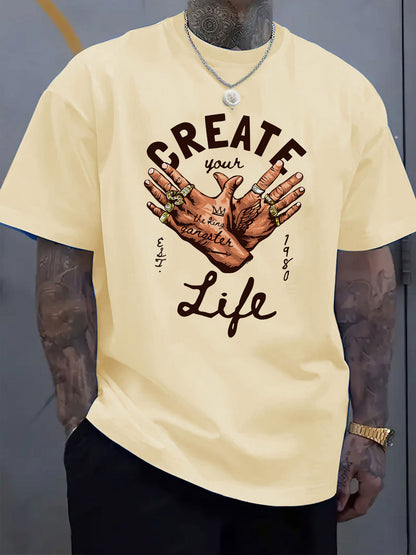 Men's Short-Sleeve T-Shirt with Inspirational "CREATE Your Own Life" Print & Prayer Hands Design - Elastic Round Neck, Breathable Fabric for Summer Outdoor Activities, Casual Comfort Fit, Machine Washable, Artistic Lifestyle