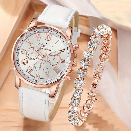 2pcs CAYON Women'S Quartz Watch & Bracelet Set - Elegant White Faux Leather Strap with Rose Golden-Tone Accents, Sparkling Crystal Bracelet, Casual Style, Perfect Valentine'S Day Gift, Valentine'S Day Accessory | Elegant Watc