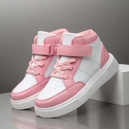 Girls' & Boys' White & Pink Checkerboard Mid-Top Sneakers - Lightweight PU Upper with EVA Sole, All-Season Comfort for School, Outdoor & Casual Wear - Easy Slip-On Design for Ages 14 & Under