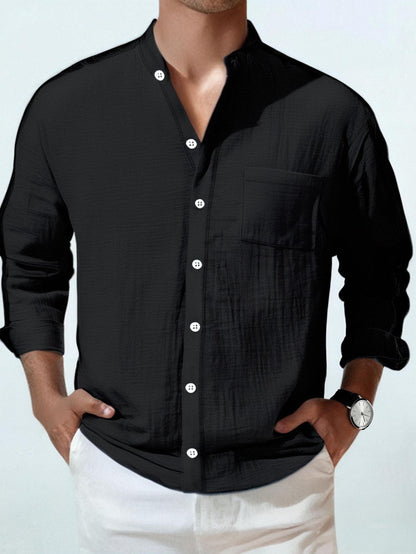 Men's Lightweight 95% Linen Shirt - Breathable Summer Casual Button-Up with Stand Collar, Regular Fit for Beach & Urban Wear, Solid Color