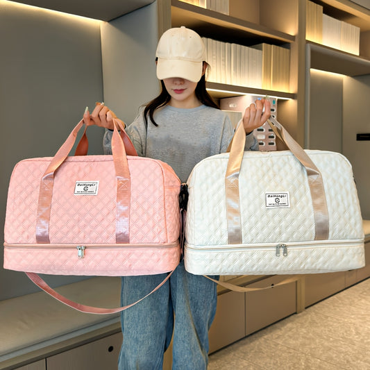 Casual Style Nylon Travel Duffel Bag, Large Capacity, Solid Color, Zipper Closure, Handheld or Shoulder Carry, with Black and Beige Options, for Outing and Weekend Trip