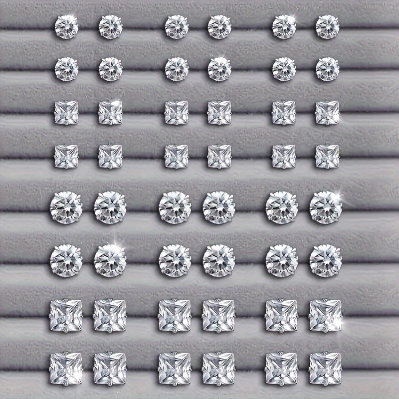 Elegant 48pcs Stud Earrings Set for Women - Sparkling Rhinestone Accents, Round & Square Shapes, Stainless Steel Posts, The rhinestone base is made of iron, Perfect for Casual Attire & Parties