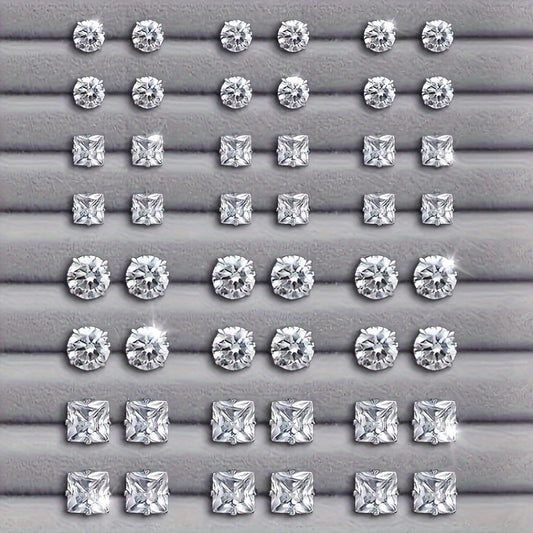 Elegant 48pcs Stud Earrings Set for Women - Sparkling Rhinestone Accents, Round & Square Shapes, Stainless Steel Posts, The rhinestone base is made of iron, Perfect for Casual Attire & Parties