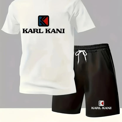 Summer Men's Casual Sport Short Sleeve T-Shirt and Shorts Set, Knitted Polyester Fabric, Comfortable Breathable, Suitable for Outdoor Jogging Running Fitness, KARL KANI Letter Print Design - 2pcs