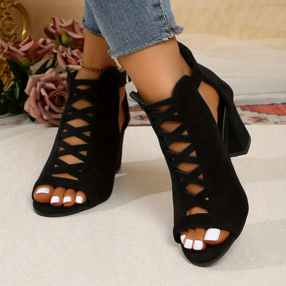 Women'S High-Top Block Heel Sandals - Stylish Black Open-Toe with Ankle Strap, Zipper Closure, and Cut-Out Design, Perfect for Casual or Formal Occasions, Casual Footwear | High Heel Sandals | Rubber Sole Sandals