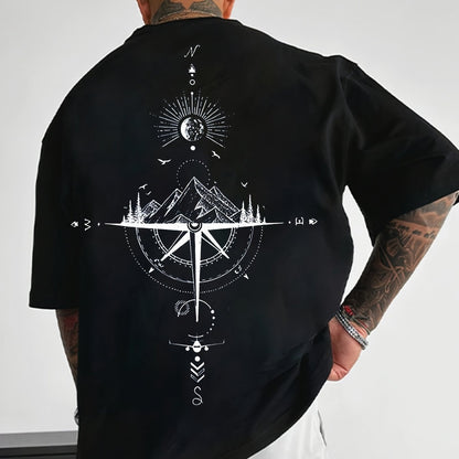 Men's Casual Compass Print T-Shirt - Breathable Polyester, Crew Neck, Short Sleeve - Perfect for Summer