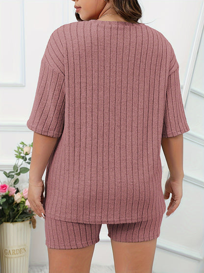 Women's Casual Lounge Set, Plus Size Solid Ribbed Short Sleeve Round Neck Top & Shorts Pajamas 2 Piece Set